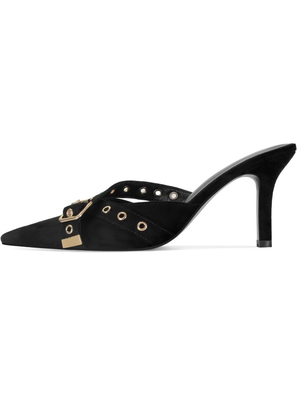Women's Black Suede Heels Faux Leather Stiletto Pump Sexy Pointy Studded Shoes